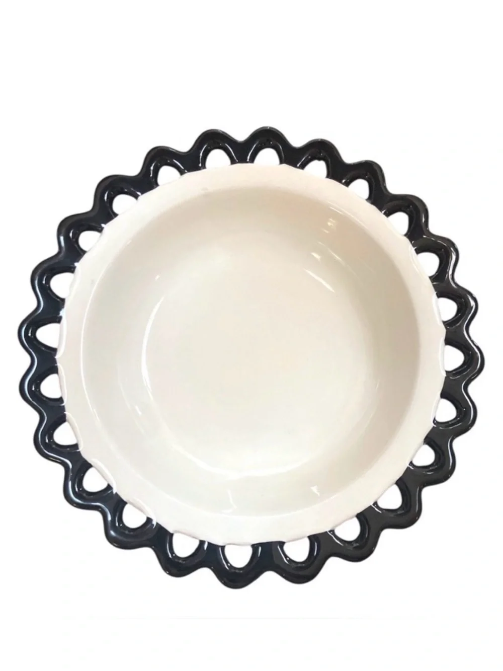 Black White Ceramic Serving‎ Bowl Scalloped Lace Rim 8” Decorative Centerpiece
